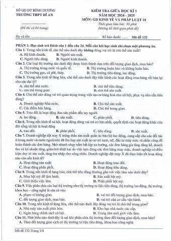 Đề thi Giữa kì 1 KTPL 10 năm 2024-2025 trường THPT Dĩ An (Bình Dương)